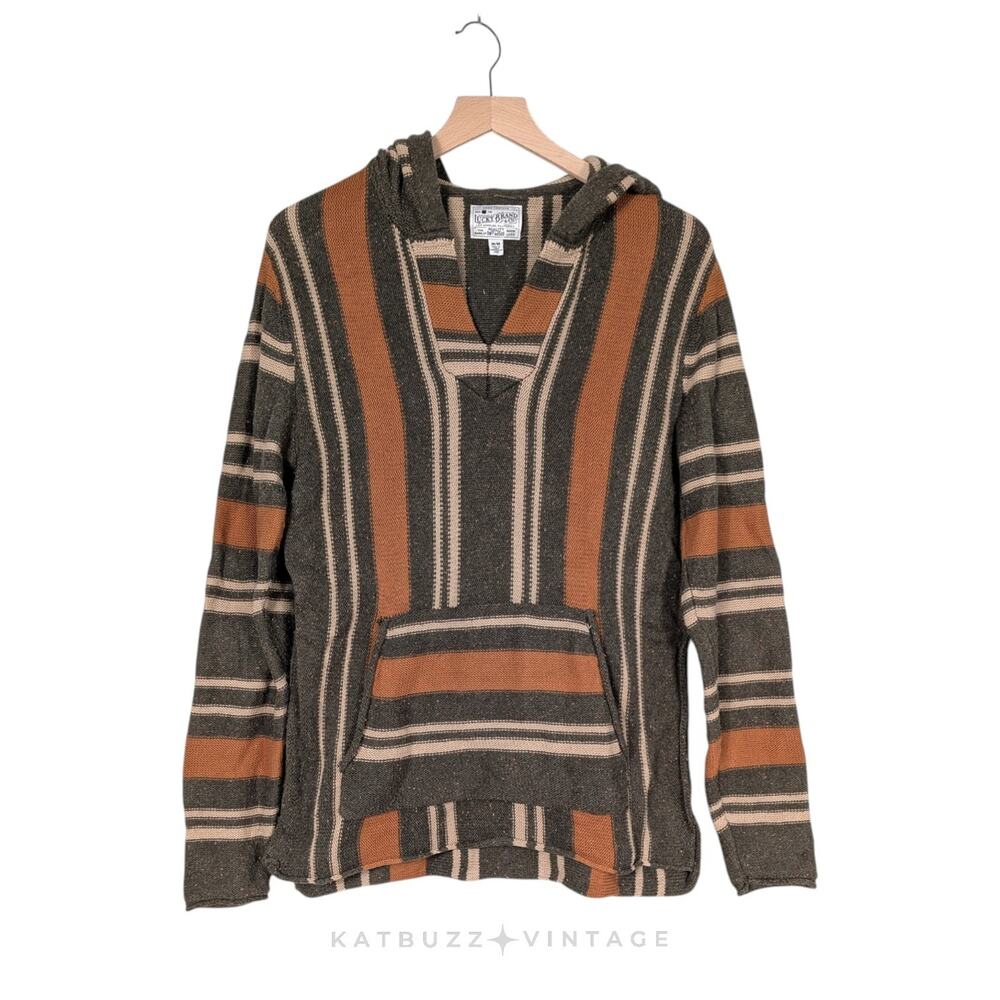 Y2K Lucky Brand Baja Hoodie Sweater Mens M Green Orange Stripe Grunge Pocket